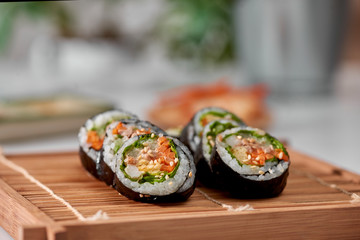 Korean roll Gimbap(kimbob) made from steamed white rice (bap) and various other ingredients