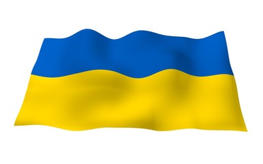 The flag of Ukraine on a white background. National flag and state ensign. Blue and yellow bicolour. 3D illustration waving flag