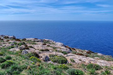 Fototapeta na wymiar Small gardens on Dingli Cliffs and Mediterranean Sea, Malta