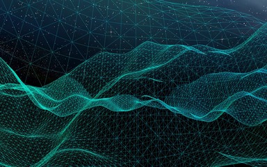 Abstract landscape on a dark background. Cyberspace grid. hi tech network. Outer space. Starry outer space texture. 3D illustration