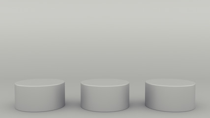 Three cylindrical podiums gray scene minimal 3d rendering modern minimalistic mock up, blank template, empty showcase