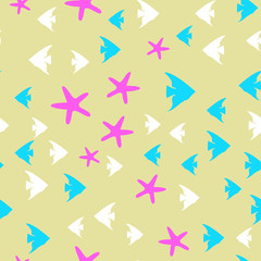 Underwater scene. Colorful fish groups in clean sea water. Seamless vector EPS 10 pattern.