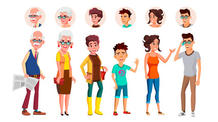 Collection Of Characters Person People Set Vector. Different Age Person Laughing Old Man With Newspaper, Smiling Granny, Young Woman And Teenager. Diverse Folk Flat Cartoon Illustration