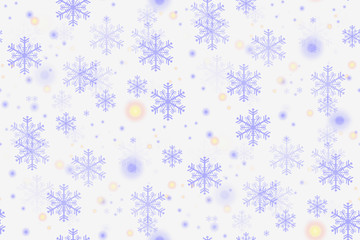 Christmas background. Christmas snowflakes pattern on white background with glowing and shiny dots. Ideal for wrapping paper.
