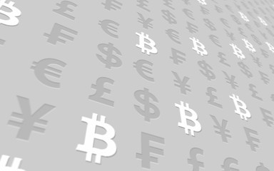 Bitcoin and currency on a gray background. Digital crypto currency symbol. Business concept. Market Display. 3D illustration