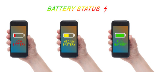 Hand holding black Smartphone with blank screen on white backgroun. Battery charge indicator. Charging level Battery.