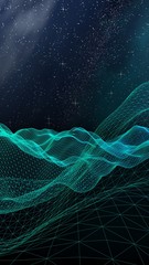 Abstract landscape on a dark background. Cyberspace grid. hi tech network. Outer space. Vertical orientation. Starry outer space texture. 3D illustration