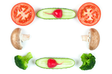 Ingredients for homemade pizza on white background. Top view. Ingredients for salad: radish, slices mushrooms, slices tomatoes, cucumbers, broccoli and salad . Healthy food conception