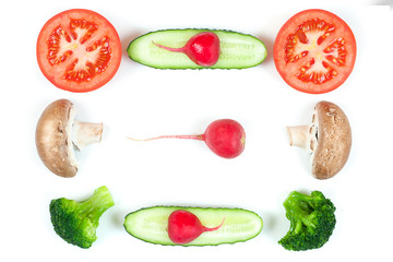 Ingredients for homemade pizza on white background. Top view. Ingredients for salad: radish, slices mushrooms, slices tomatoes, cucumbers, broccoli and salad . Healthy food conception
