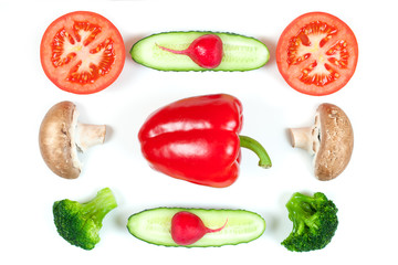 Ingredients for homemade pizza on white background. Top view. Ingredients for salad: radish, slices mushrooms, slices tomatoes, cucumbers, broccoli, pepper and salad . Healthy food conception