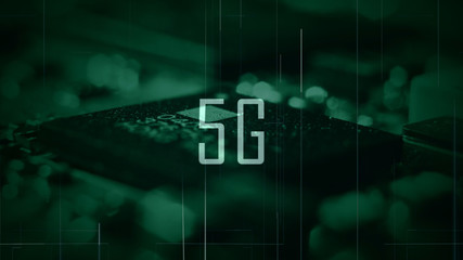 A 5G title with a microchip background and a green color grade