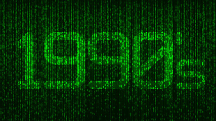 1990's nineties computer coding title logo with green glowing numbers and a code background