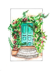 illustration of a porch in a cozy house with a turquoise door, flowering shrubs and stone steps in a frame