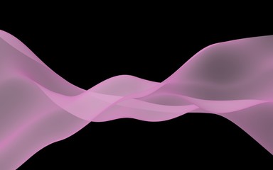 Abstract purple wave. Bright purple ribbon on black background. Purple scarf. Abstract smoke. Raster air background. 3D illustration