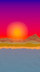 Sun Sea Beach. Sunrise. Ocean shore line with waves on a beach. Island beach paradise with waves. Vacation, summer, relaxation. Seascape, seashore. Minimalist landscape, primitivism. 3D illustration