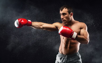 Fototapeta na wymiar Young attractive man boxer is ready to deal