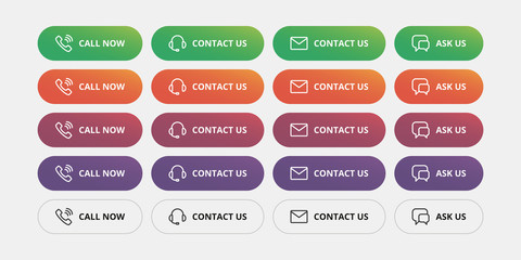 Contact us and call to action buttons - Call now, Contact us, Ask us modern action button. Helpdesk call us button.