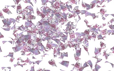 Flying euro banknotes isolated on a white background. Money is flying in the air. 500 EURO in color. 3D illustration