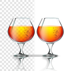 Full Glass Of Alcoholic Beverage Cognac Vector. Cup With Cognac, Whisky, Bourbon, Rum Or Scotch Drink With Bubbles On Transparent Background. Snifter With Liquid Realistic 3d Illustration