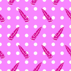 Seamless pattern with pink feathers and white drops