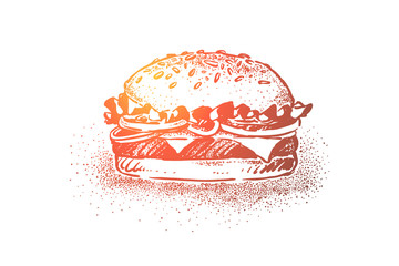 Delicious burger, classic street food, sesame buns with, grilled cutlet, salad, tomato and cheese