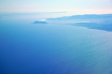 Fototapeta na wymiar Aerial view of the Strait of Gibraltar on the South coast of Spain where the Mediterranean Sea meets the Atlantic Ocean