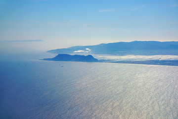 Aerial view of the Strait of Gibraltar on the South coast of Spain where the Mediterranean Sea meets the Atlantic Ocean