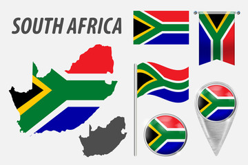 SOUTH AFRICA. Collection of symbols in colors national flag on various objects isolated on white background. Flag, pointer, button, waving and hanging flag, detailed outline map and country inside fla