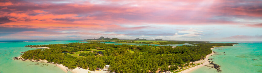 Panoramic aerial view of Mauritius beach  of Ile Aux Cerf Beach island golf club on East Coast