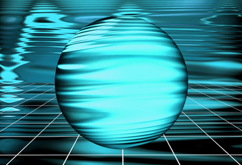 Abstract mint colored Waves Holographic background. Blurred dynamic composition of perspective grid lines and light-spots with sphere. Synthwave. Vaporwave style. Retrowave, retro futurism