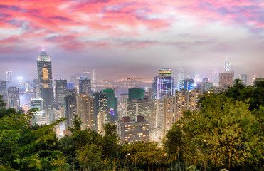 Panorama of Hong Kong City skyline. Night view from The peak Hongkong