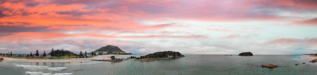 Mount Maunganui, New Zealand. Panoramic aerial view of beautiful seascape at sunset