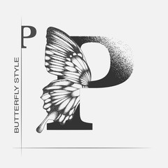 Letter P with butterfly silhouette. Monarch wing butterfly logo template isolated on white background. Calligraphic hand drawn lettering design. Alphabet concept. Monogram vector illustration
