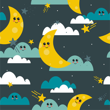 Moon, clouds and stars, hand drawn backdrop. Colorful seamless pattern, sky. Decorative cute wallpaper, good for printing. Overlapping colored background vector. Design illustration