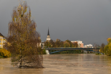 Floodwater at rather high levels hits Villach town after widespread heavy rainfalls in 2018