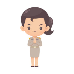 cute cartoon thai government employee woman character in respecting action use for illustration
