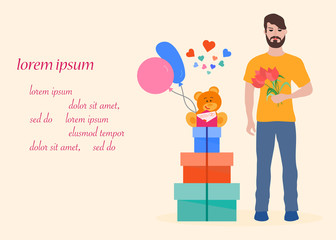 Man with flowers and gifts. Holiday greeting card.