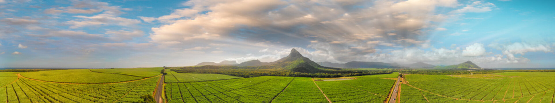 Panoramic sunset view of Mt Rempart and surrounding meadows, Mauritius