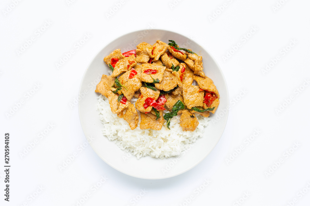 Wall mural rice with stir-fried hot and spicy pork with holy basil on white