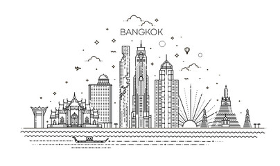 Naklejka premium Tajlandia i atrakcje turystyczne Bangkoku. Ilustracja wektorowa - wektor