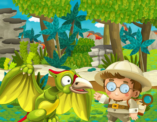 cartoon scene with professor in the jungle with pterosaur illustration for children