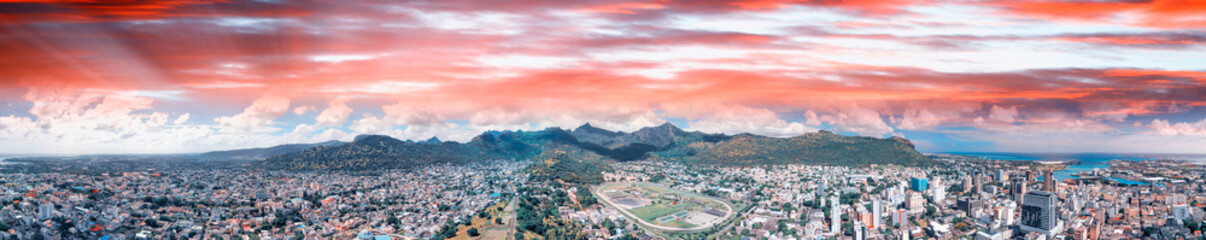 Panoramic sunset view of Port Louis skyline from city fortress, Mauritius
