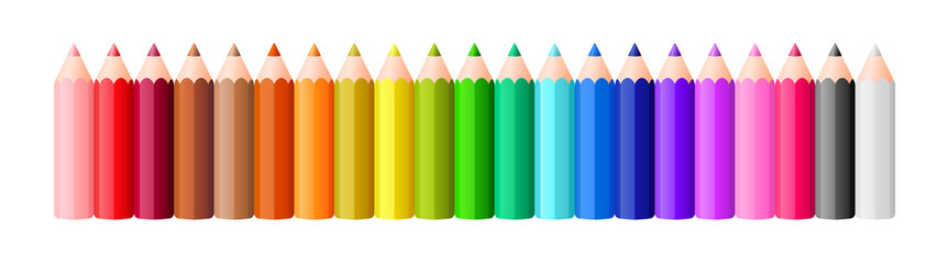 Big collection of rainbow colored pencils plus black and white in a row