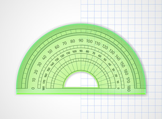 School supplies. Measuring tool. Green transparent plastic protractor