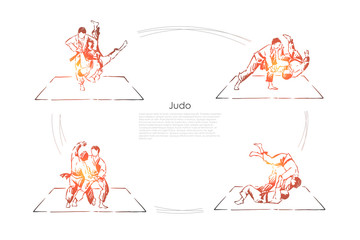 Judo, young athletes in kimono training, sparring practice, combat exercise, self defence class banner