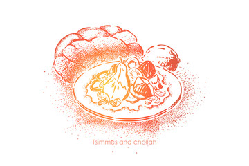 Traditional israeli dish, delicious authentic culinary, tzimmes and challah, tasty lunch, homemade meal