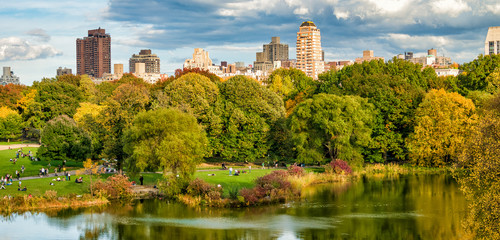 Central Park lake reflections in autumn season, New York City