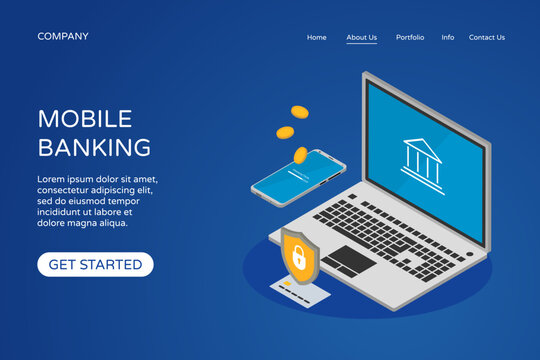Online banking landing page web site design template on blue background. Isometric laptop and smartphone, bank card, shield and coins. Money transaction protection concept. Vector illustration