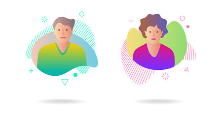 Man woman avatar set on dynamic modern liquid element graphic gradient flat style design fluid vector colorful illustration abstract shapes. Male female vector isolated