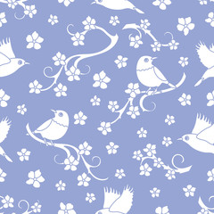 Seamless pattern with sakura branches, birds.